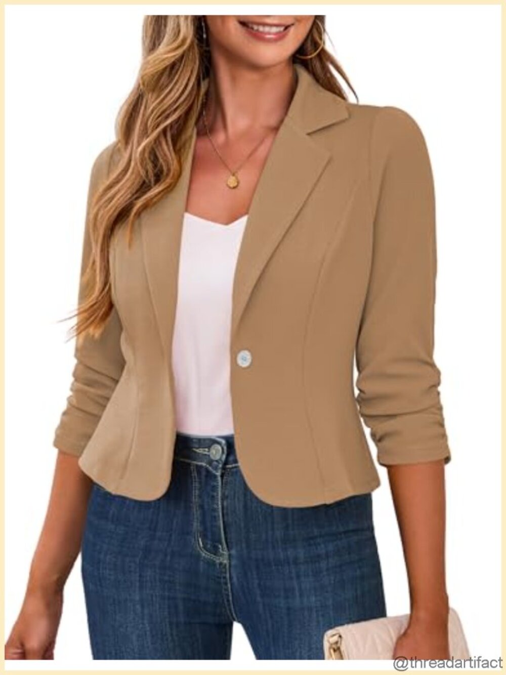 Cropped Blazer 3/4 Ruched Sleeve Business Casual Polyester Elastane